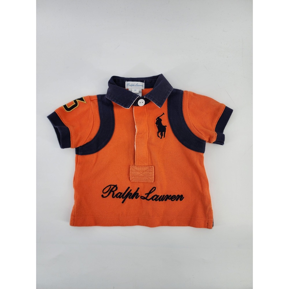 Ralph Lauren Baby Boy Orange Big Pony Polo Shirt Navy Blue Trim Size 3M